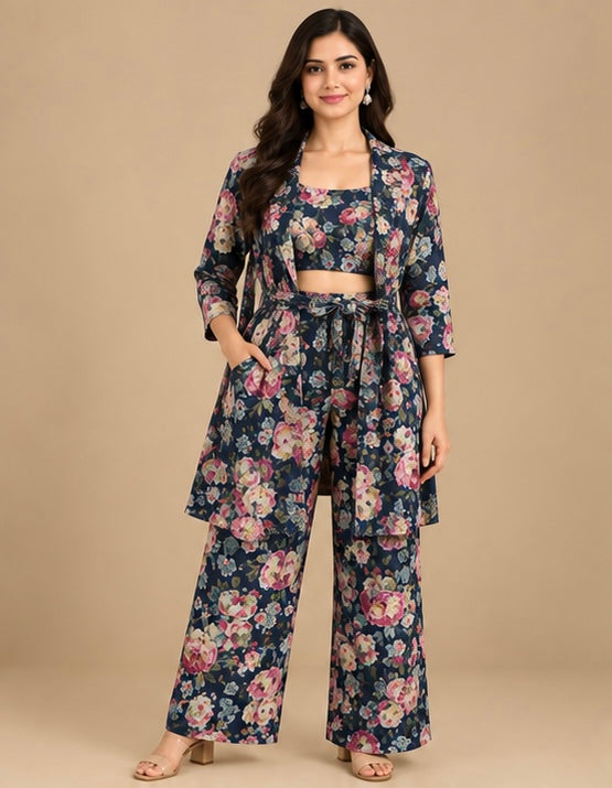 Blue Floral Silk Blend Co-Ord Set for Women