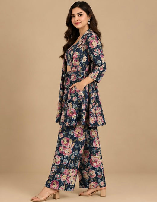 Blue Floral Silk Blend Co-Ord Set for Women