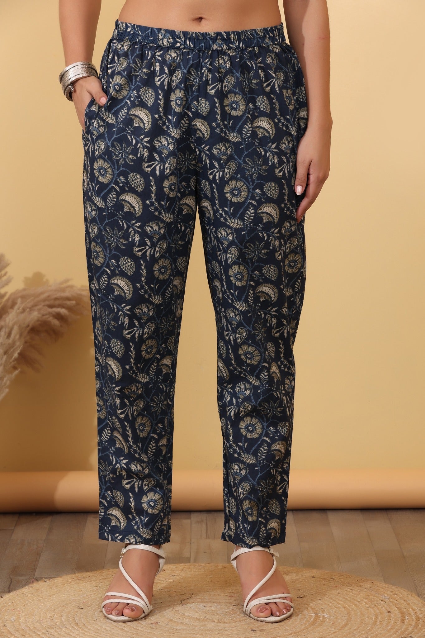Beige & Navy Blue Printed Cotton Suit Set with Floral Yoke & Dupatta HSDAASKST000005