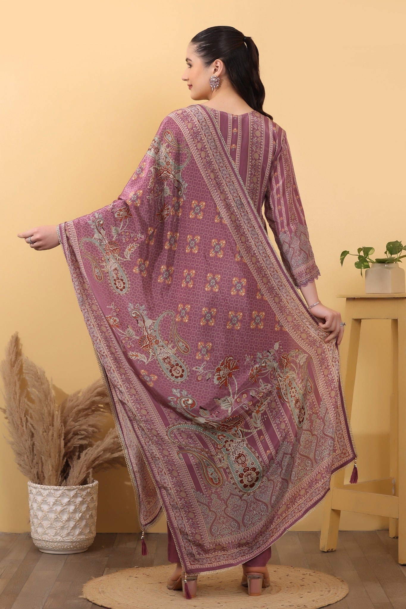 Mauve Printed Premium Suit Set with Dupatta - HSDAASKAR000021