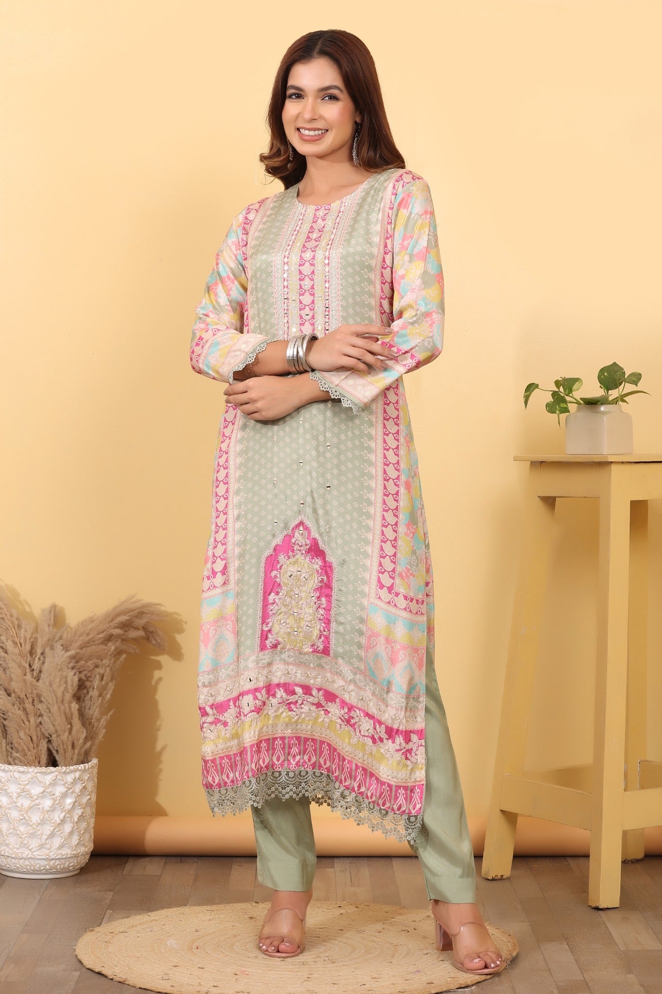 Sage Green Printed Suit Set with Multicolor Dupatta HSDAASKAR000007