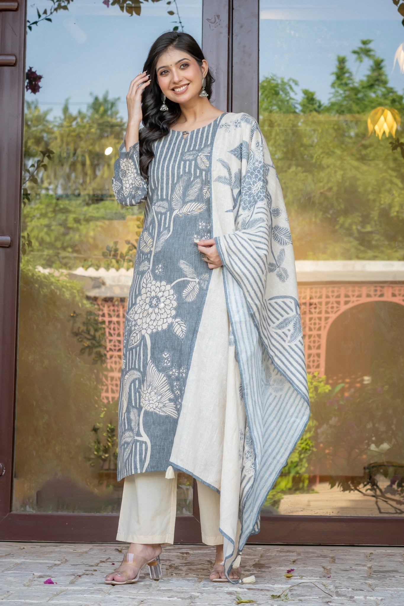 Grey Linen Printed Salwar Kurta Dupatta Set for Women