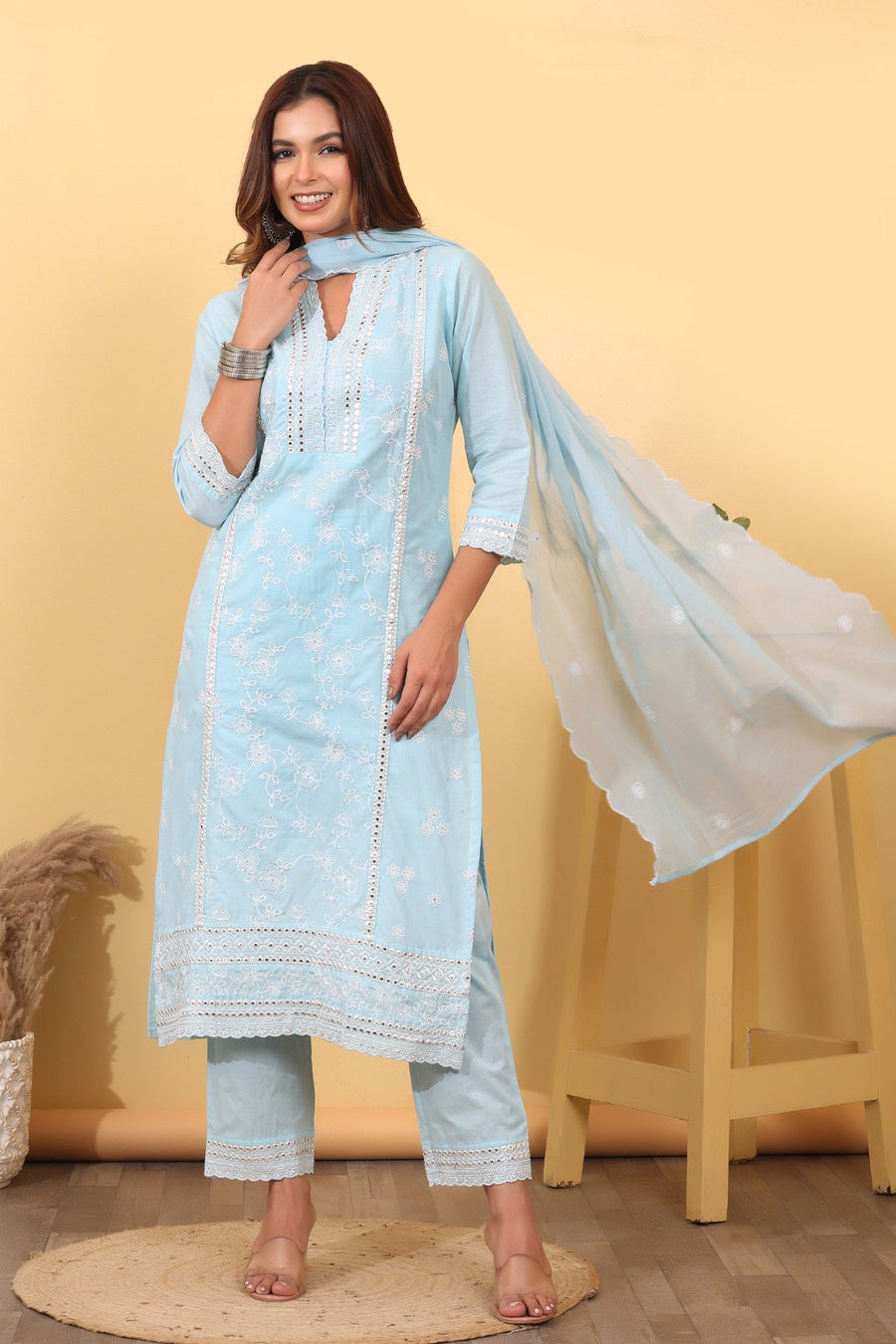 Sky Blue Cotton Embroidered Suit Set with Soft Cotton Dupatta.