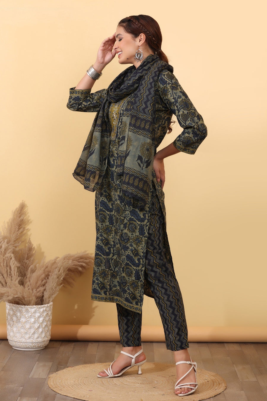 Olive Green Floral Printed Kurta Set with Dupatta.