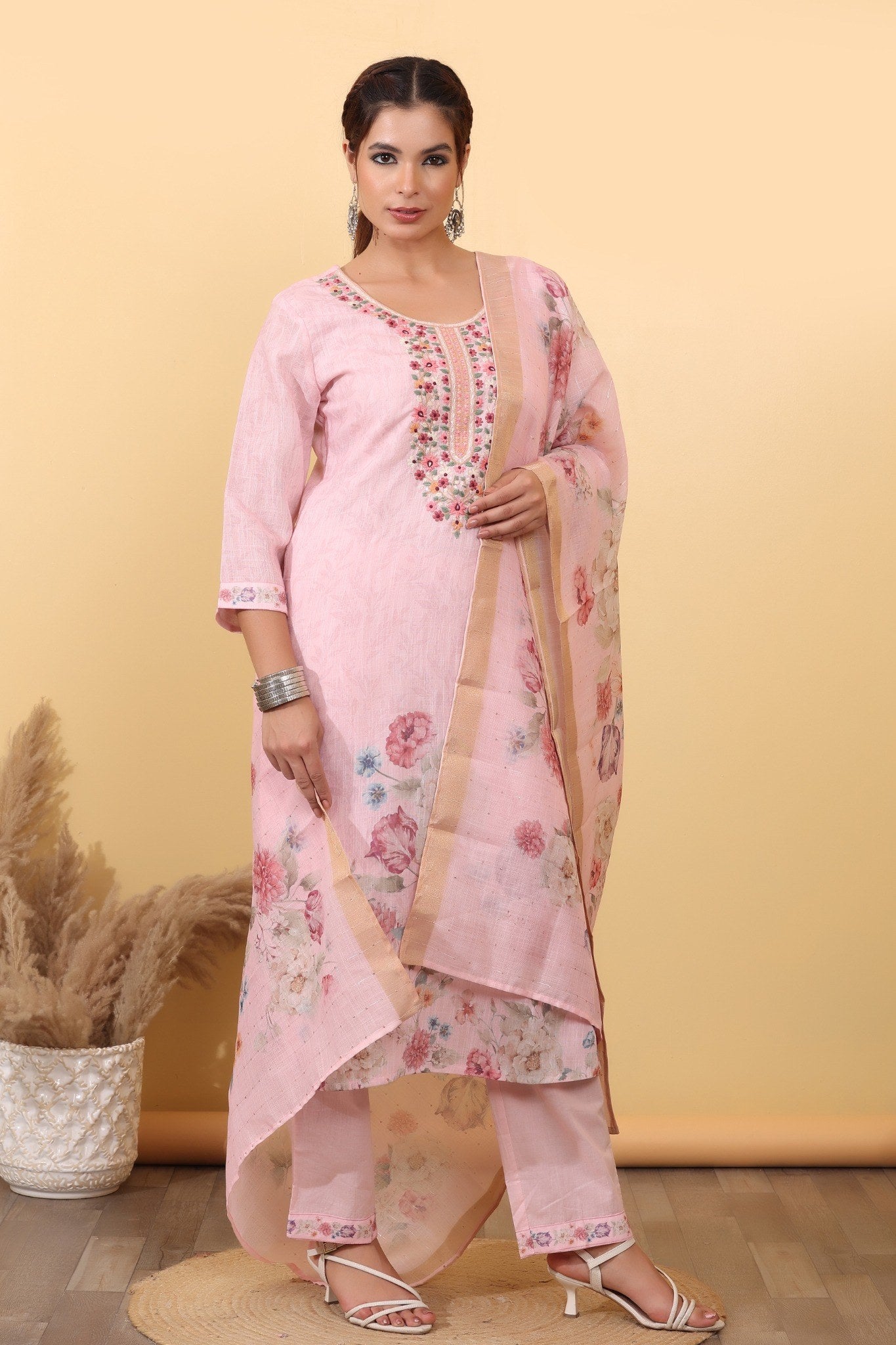 Blush Pink Floral Cotton Embroidered Suit Set with Dupatta