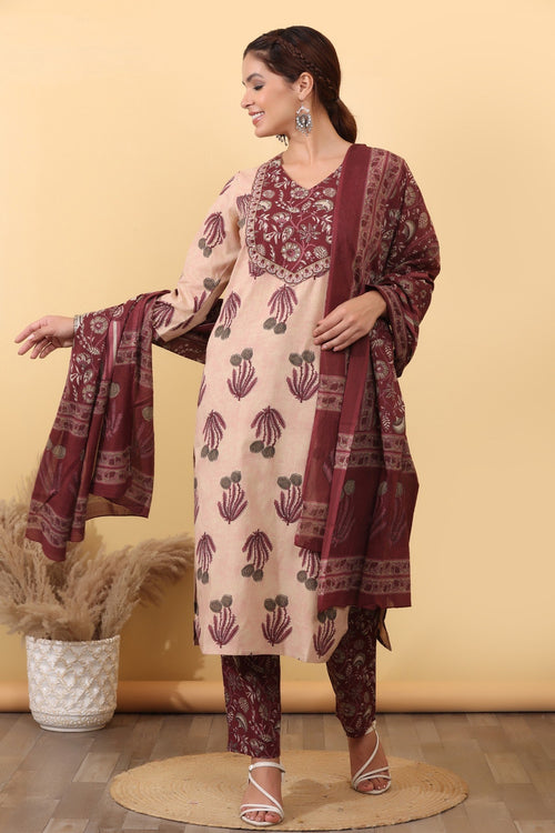 Beige & Maroon Cotton Salwar Kurta Dupatta Set for Women