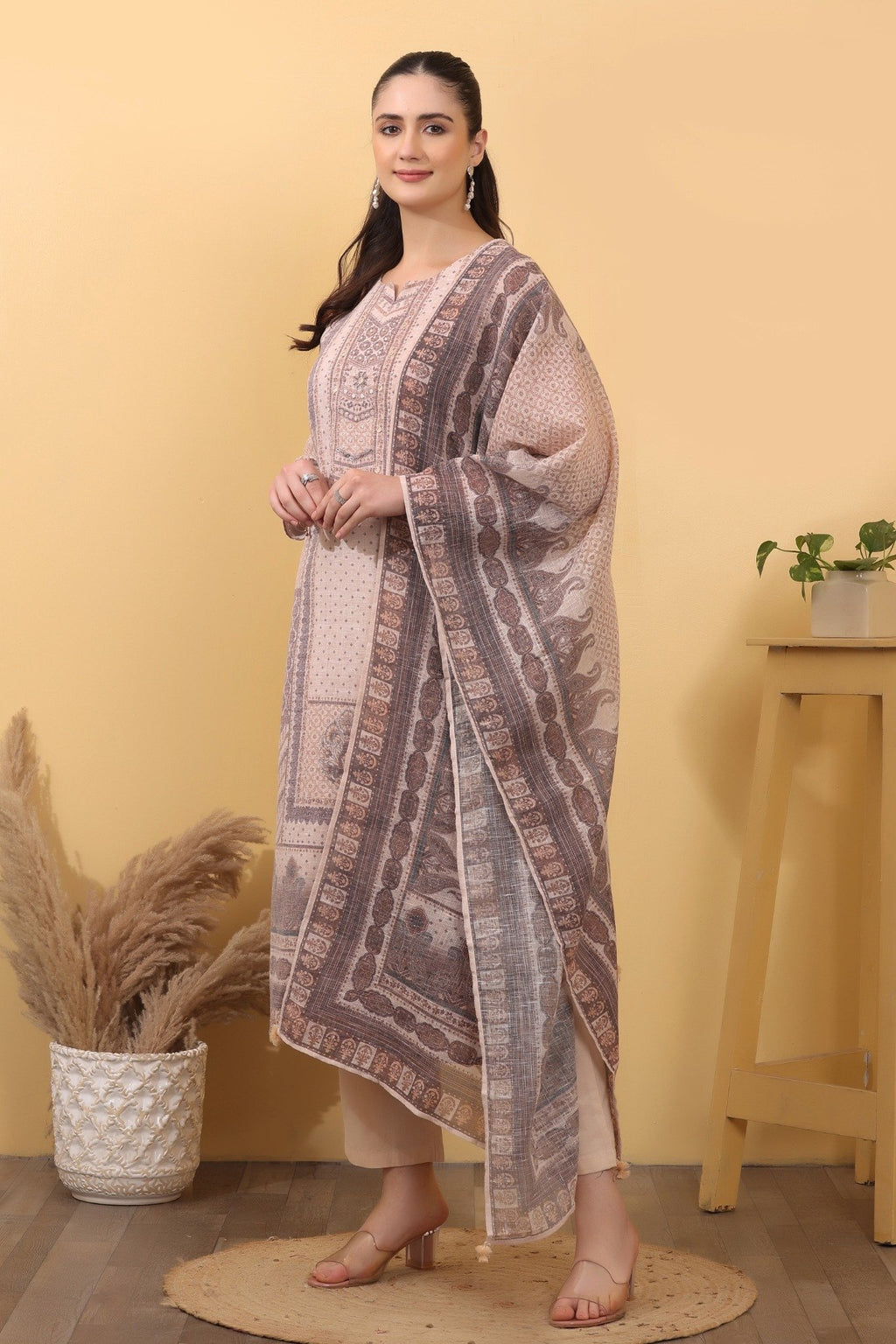 Beige Linen Printed Suit Set with Matching Linen Dupatta