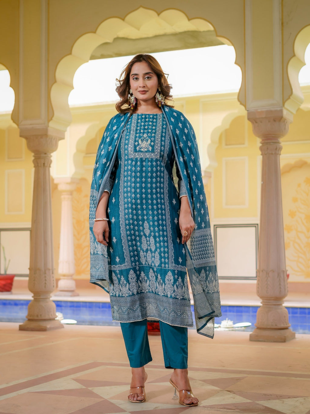 House of Sdaa Teal Blue Printed Kurta Set, HSDAASKBC000008