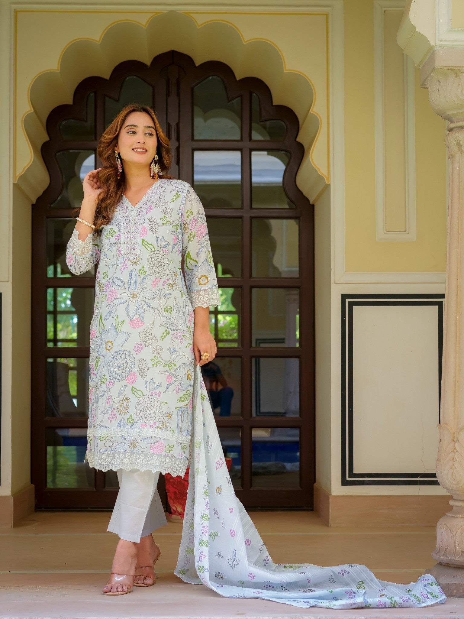 House of Sdaa White Floral Printed Kurta Set , HSDAASKID000002 BLUE