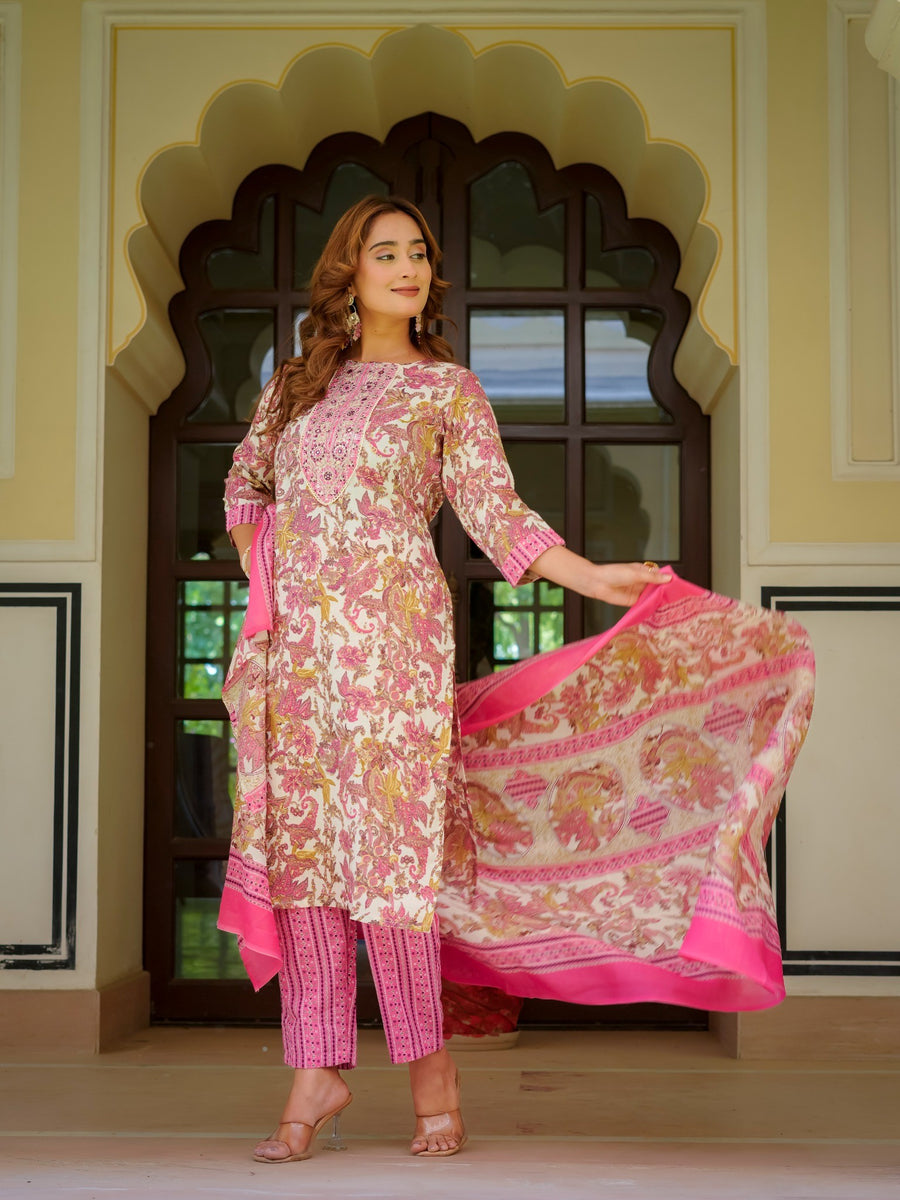 Pink Floral Printed Kurta Set, HSDAASKMLSK000001