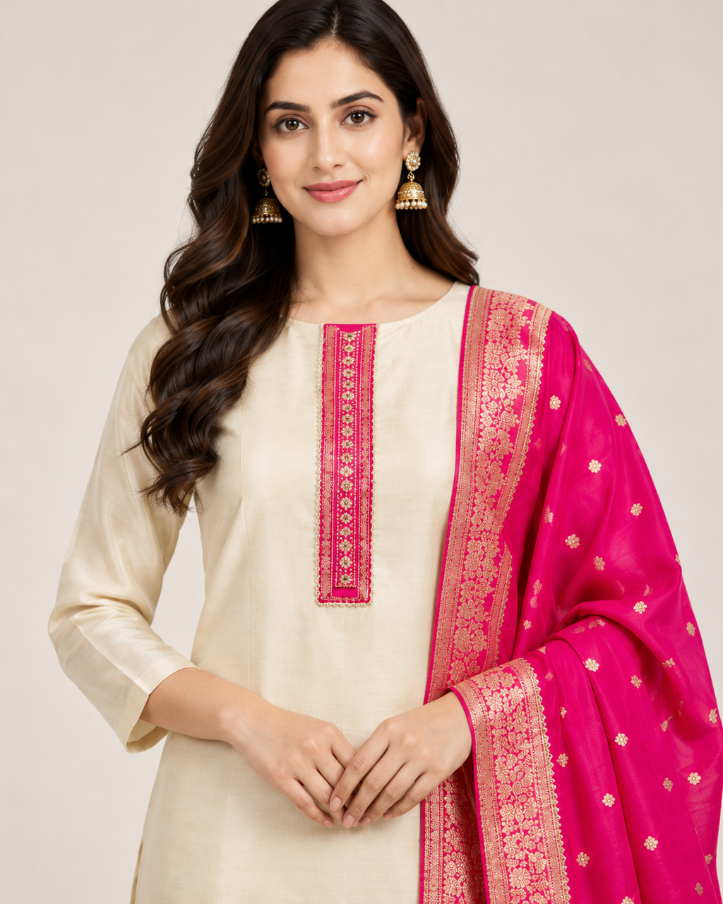 Beige Tissue Silk Unstitched Suit Set with Pink Dupatta