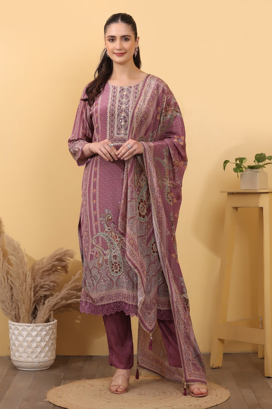 Mauve Printed Premium Suit Set with Dupatta