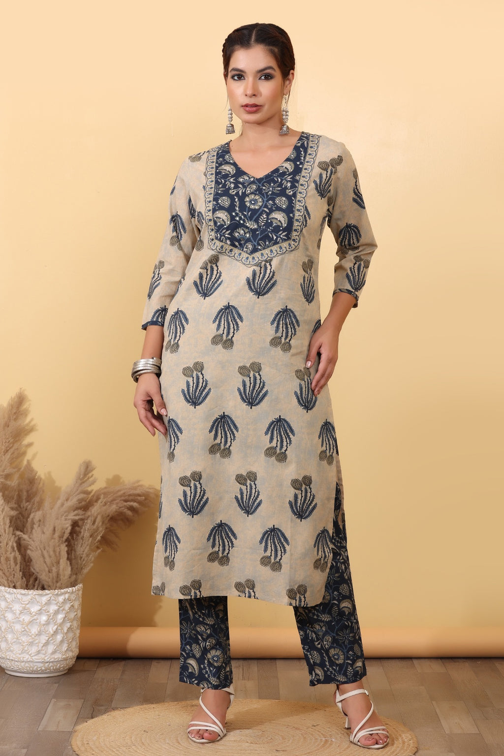 Beige & Navy Blue Printed Cotton Suit Set with Floral Yoke & Dupatta HSDAASKST000005