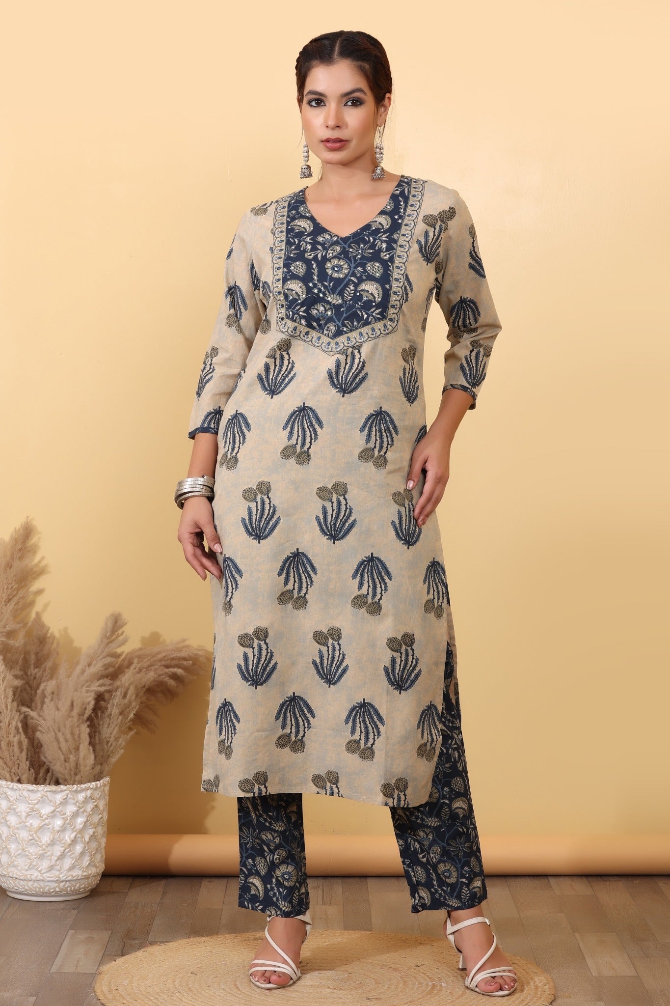 Beige & Navy Blue Printed Cotton Suit Set with Floral Yoke & Dupatta HSDAASKST000005