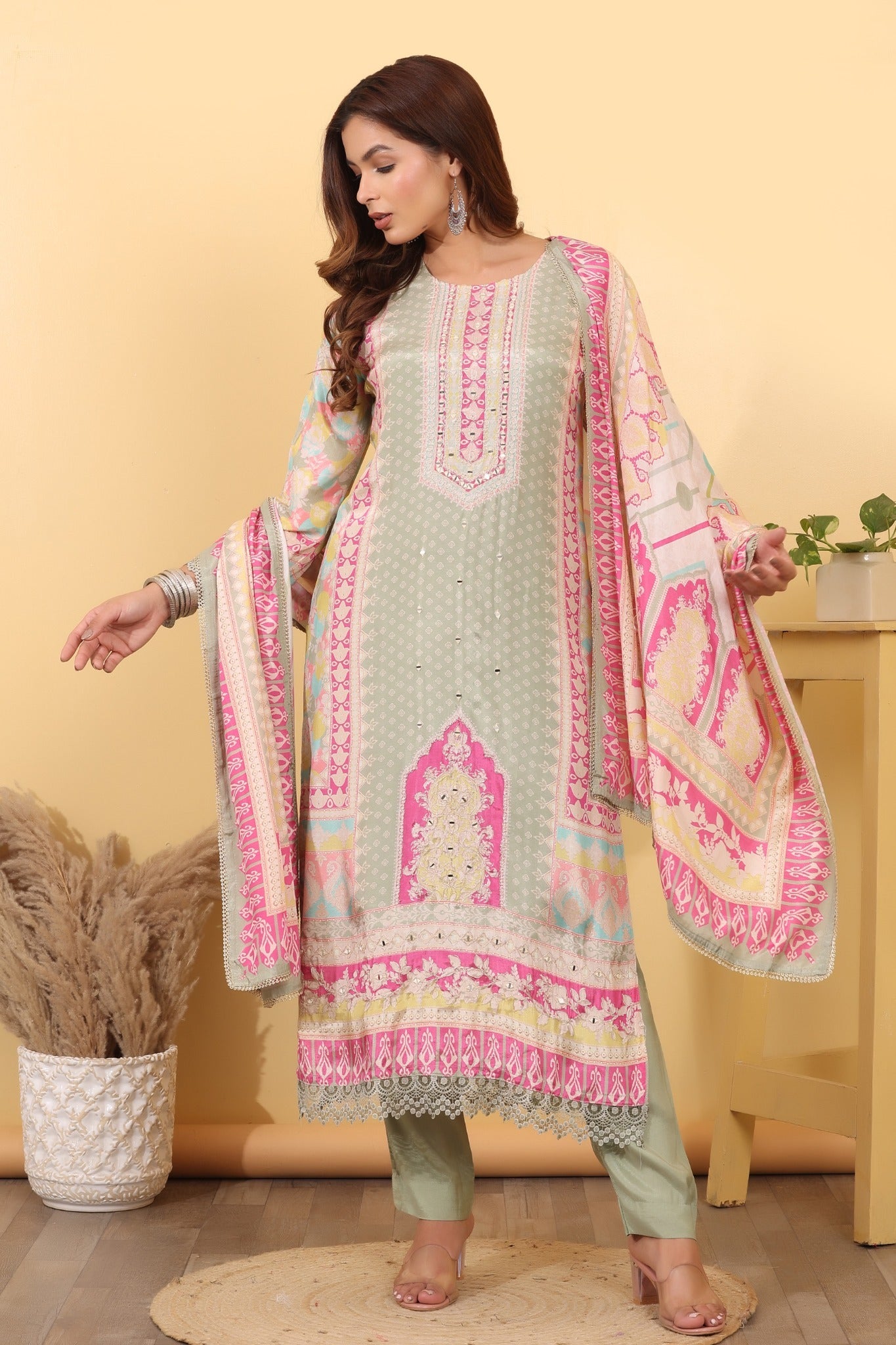 Sage Green Printed Suit Set with Multicolor Dupatta HSDAASKAR000007