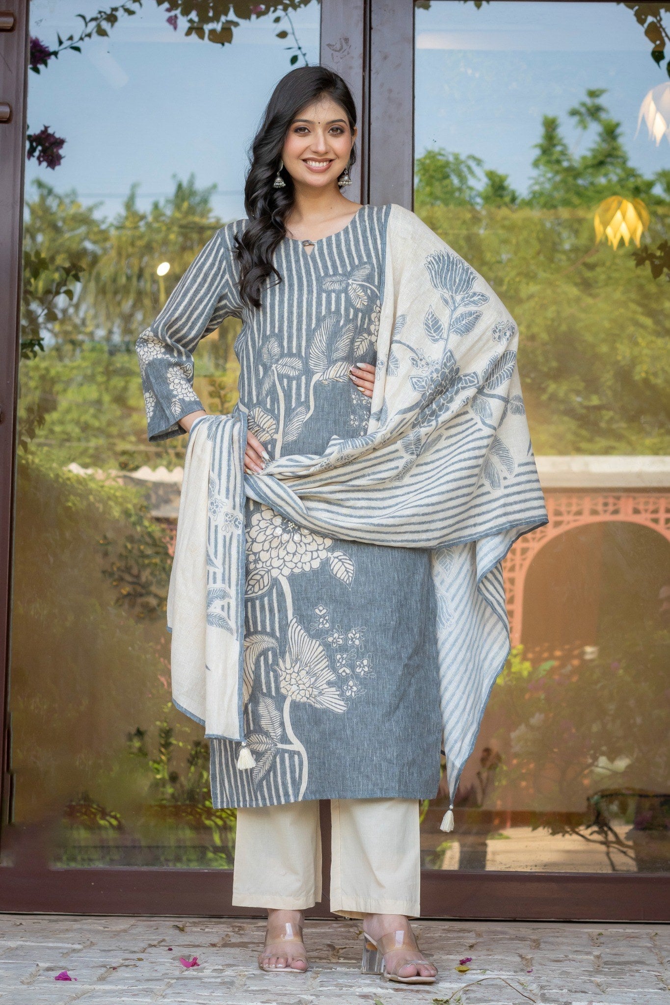 Grey Linen Printed Salwar Kurta Dupatta Set for Women