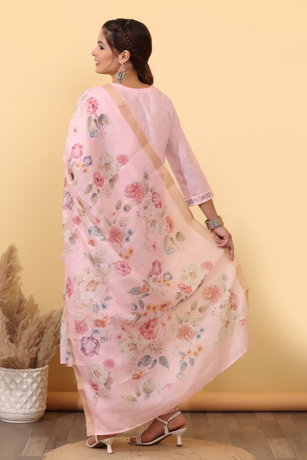 Blush Pink Floral Cotton Embroidered Suit Set with Dupatta