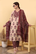 Beige & Maroon Cotton Salwar Kurta Dupatta Set for Women