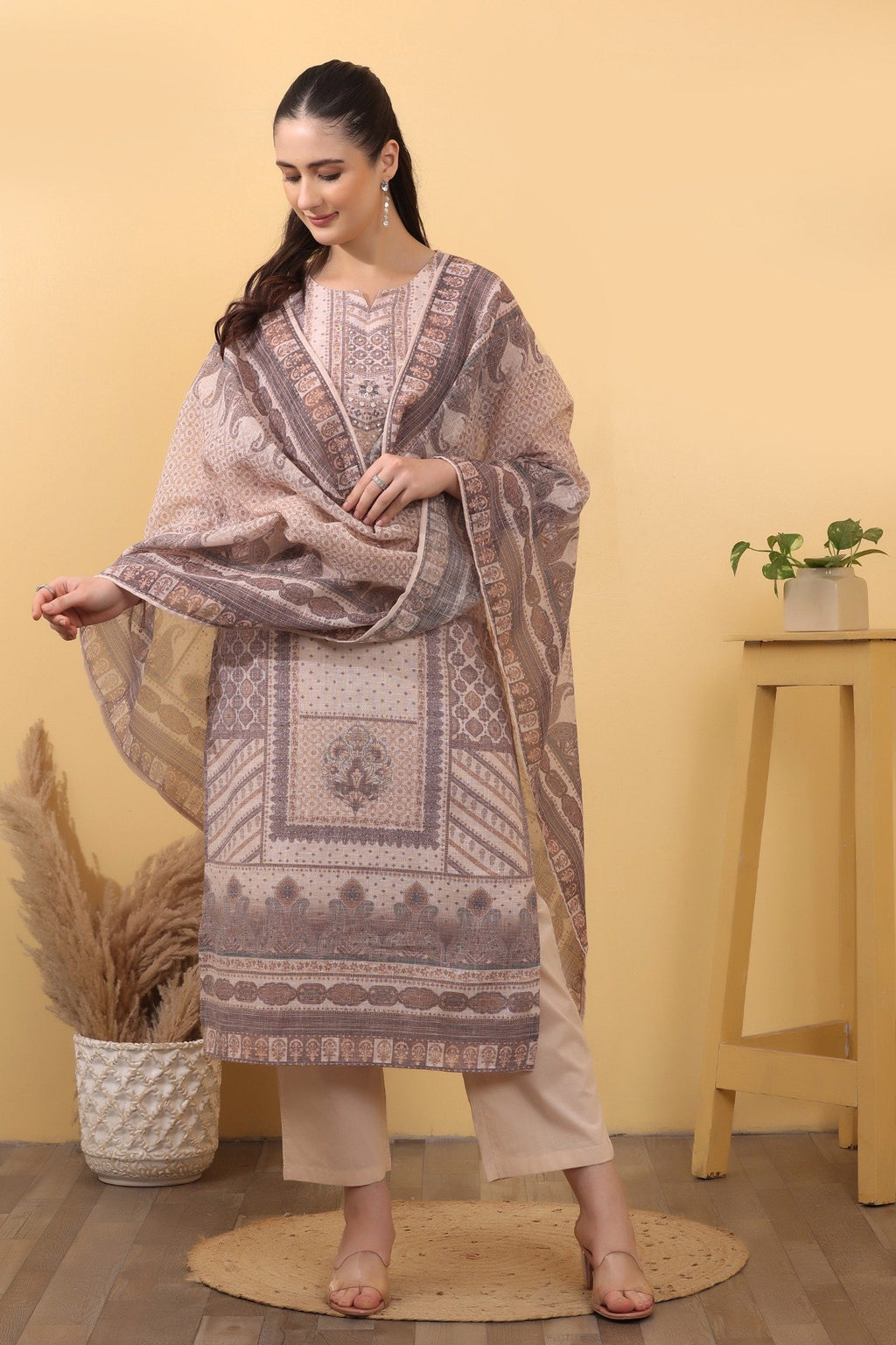 Beige Linen Printed Suit Set with Matching Linen Dupatta