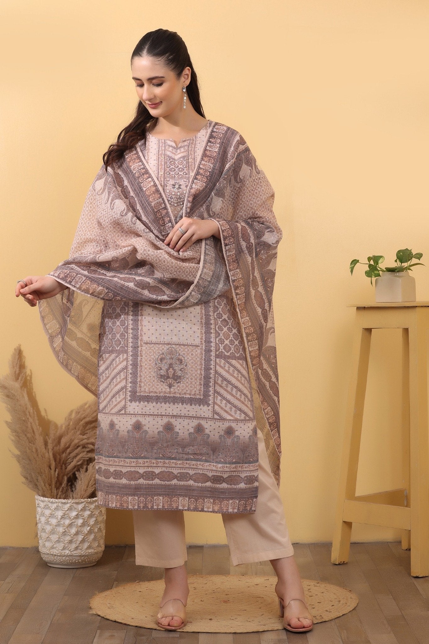 Beige Linen Printed Suit Set with Matching Linen Dupatta