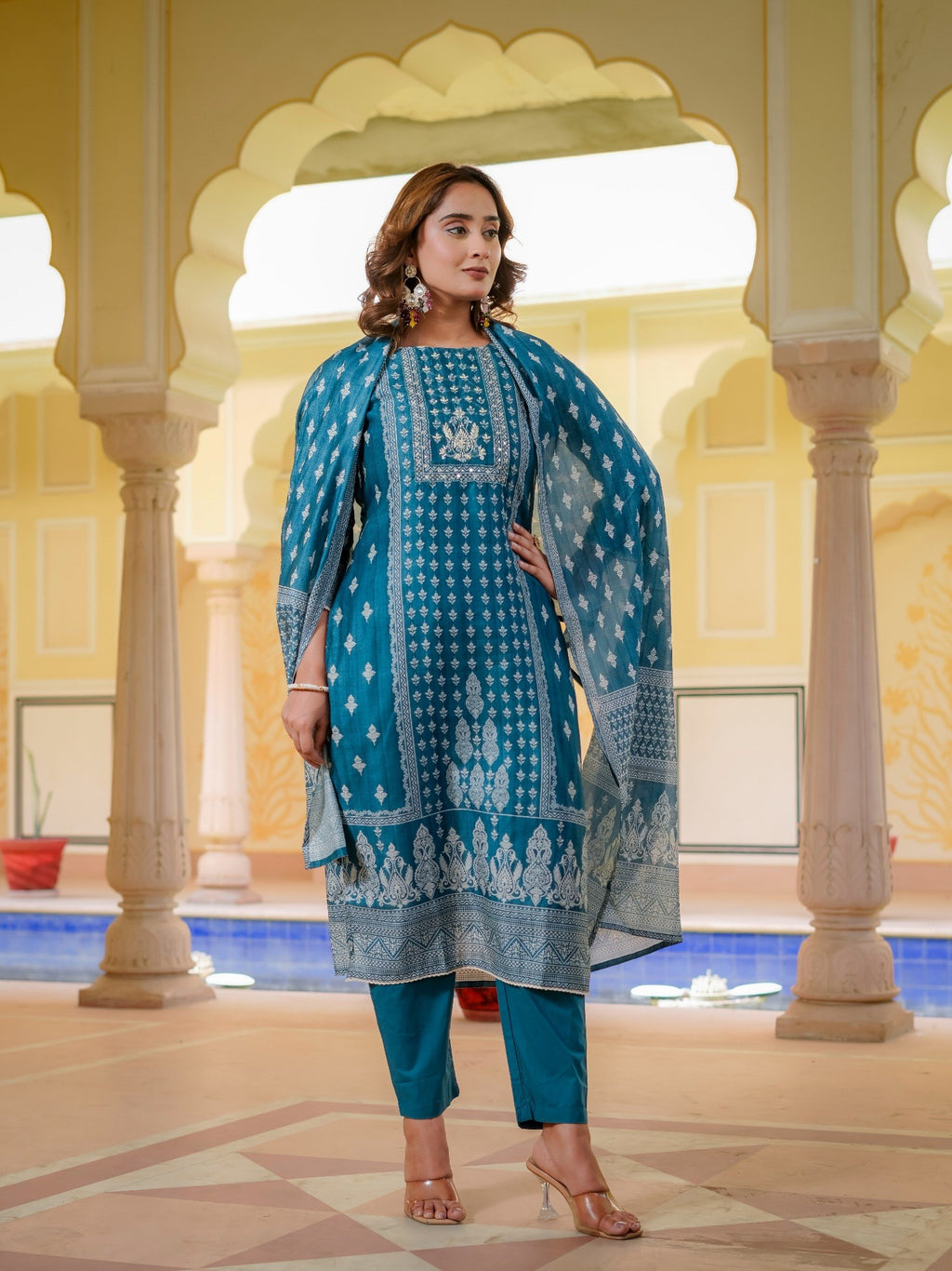 House of Sdaa Teal Blue Printed Kurta Set, HSDAASKBC000008