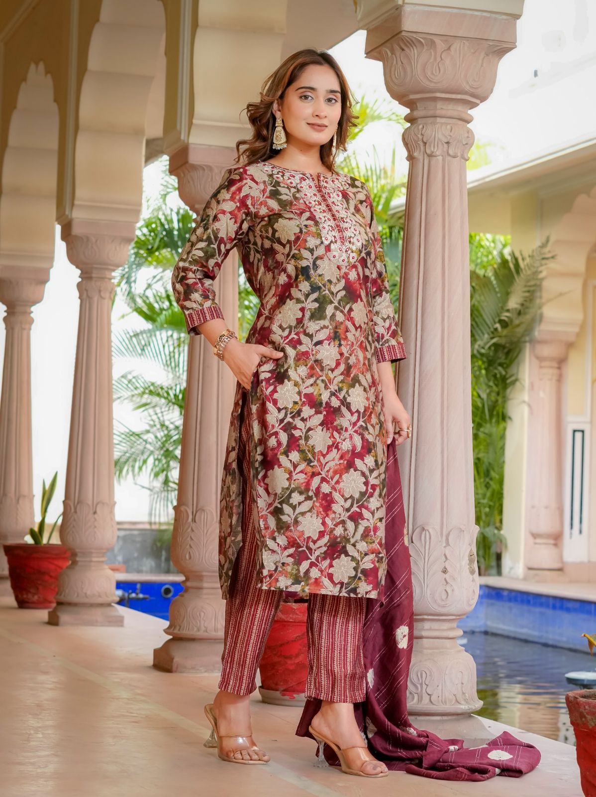 House of Sdaa Floral Printed Mehroon  Kurta Set . HSDAAMLSK000009