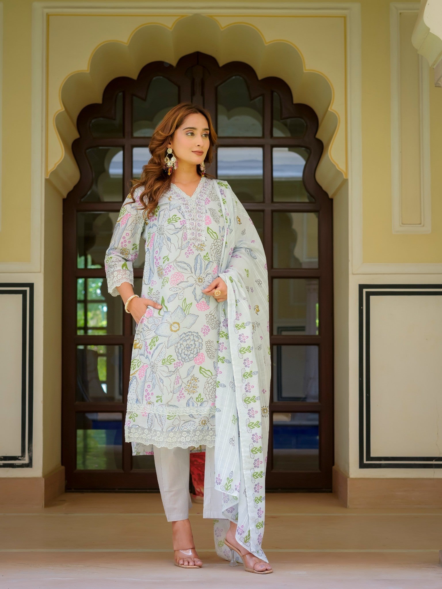 House of Sdaa White Floral Printed Kurta Set , HSDAASKID000002 BLUE