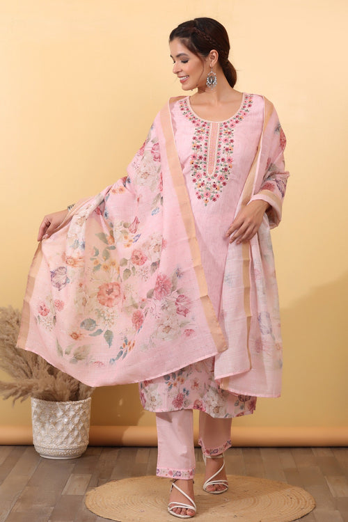 Blush Pink Floral Cotton Embroidered Suit Set with Dupatta