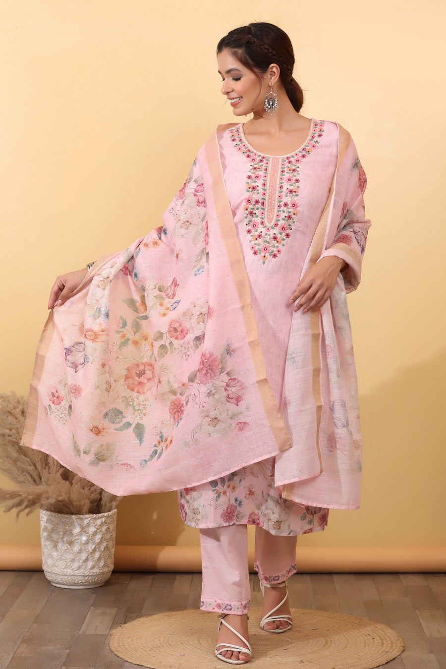 Blush Pink Floral Cotton Embroidered Suit Set with Dupatta