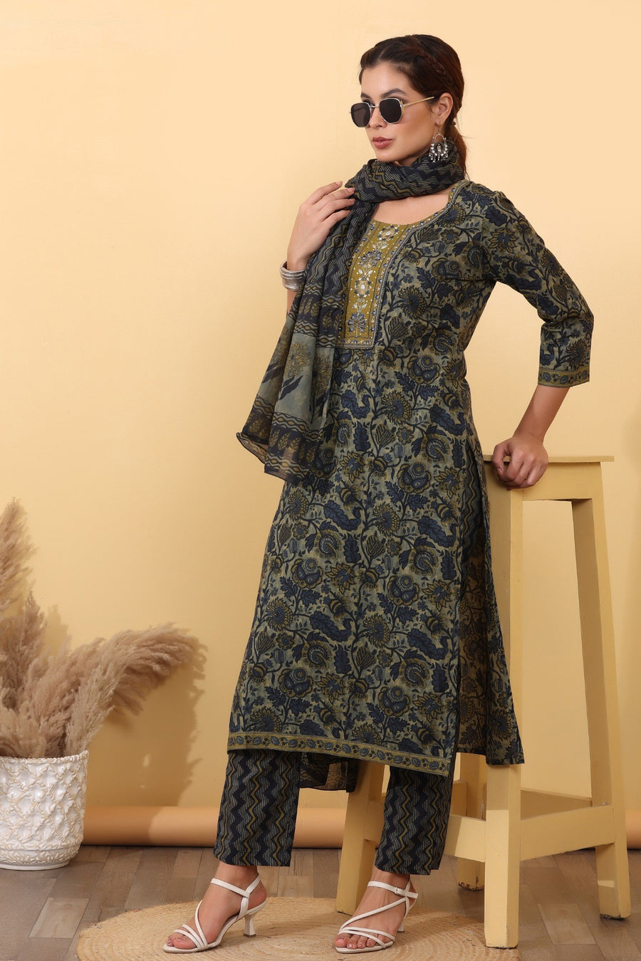 Olive Green Floral Printed Kurta Set with Dupatta.