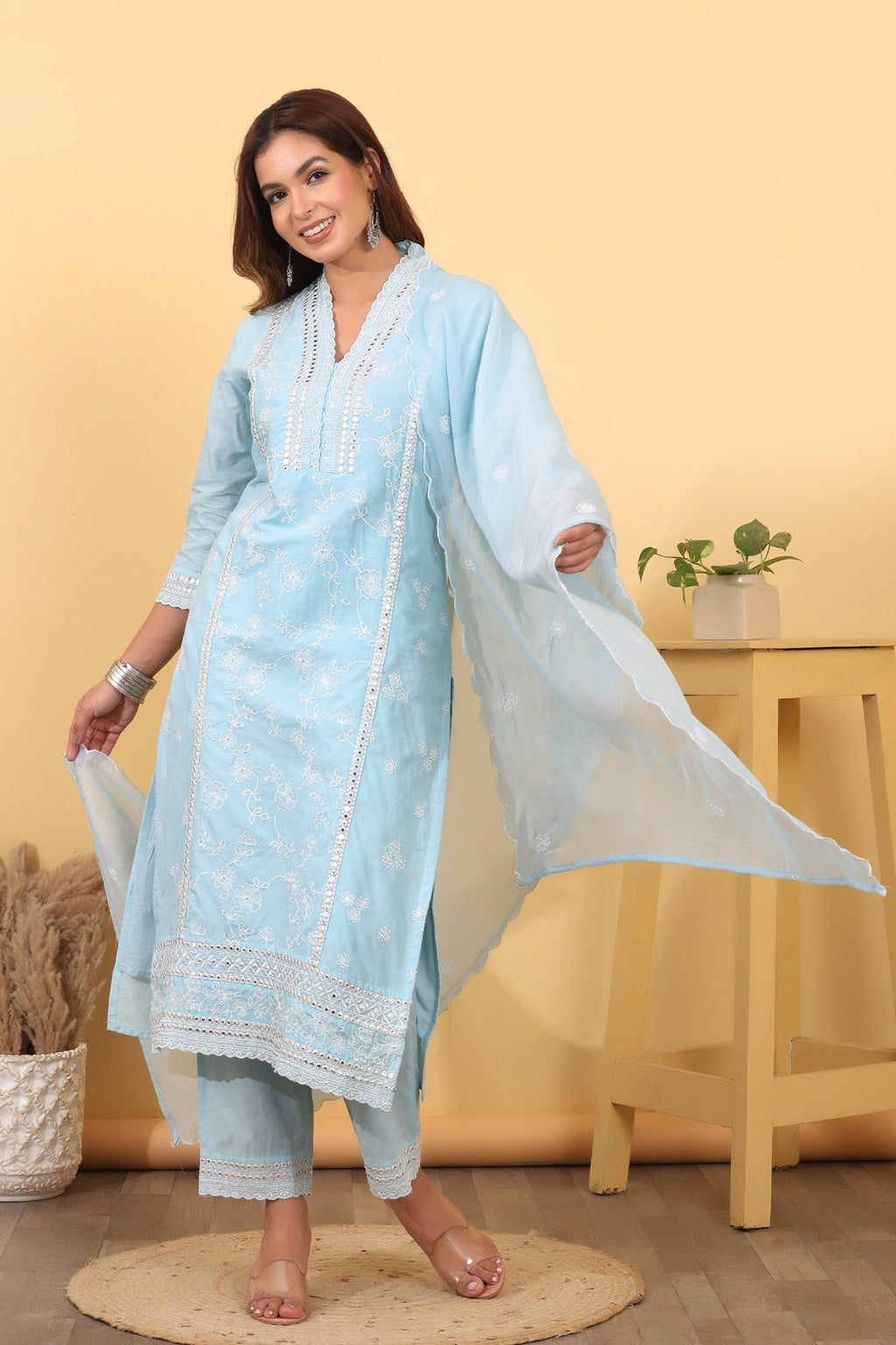 Sky Blue Cotton Embroidered Suit Set with Soft Cotton Dupatta HSDAASKSI000025