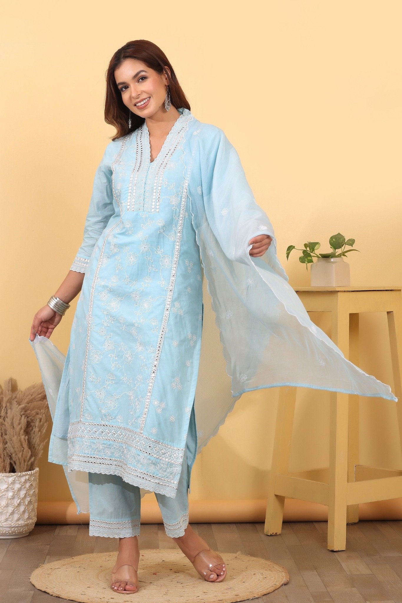 Sky Blue Cotton Embroidered Suit Set with Soft Cotton Dupatta HSDAASKSI000025