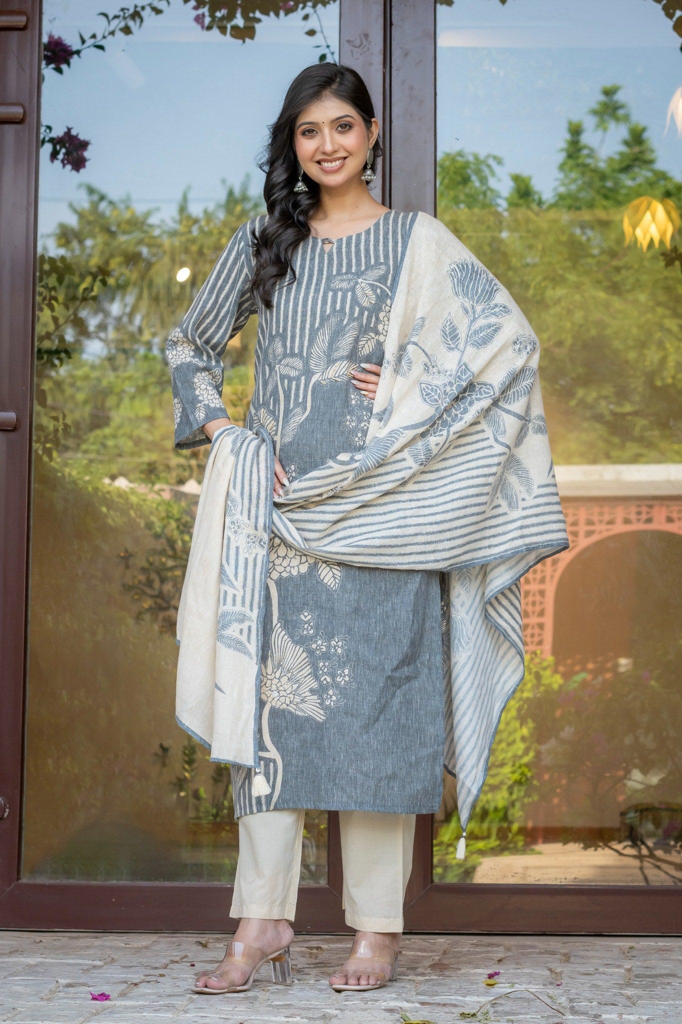 Grey Linen Printed Salwar Kurta Dupatta Set for Women