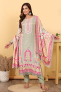 Sage Green Printed Suit Set with Multicolor Dupatta.