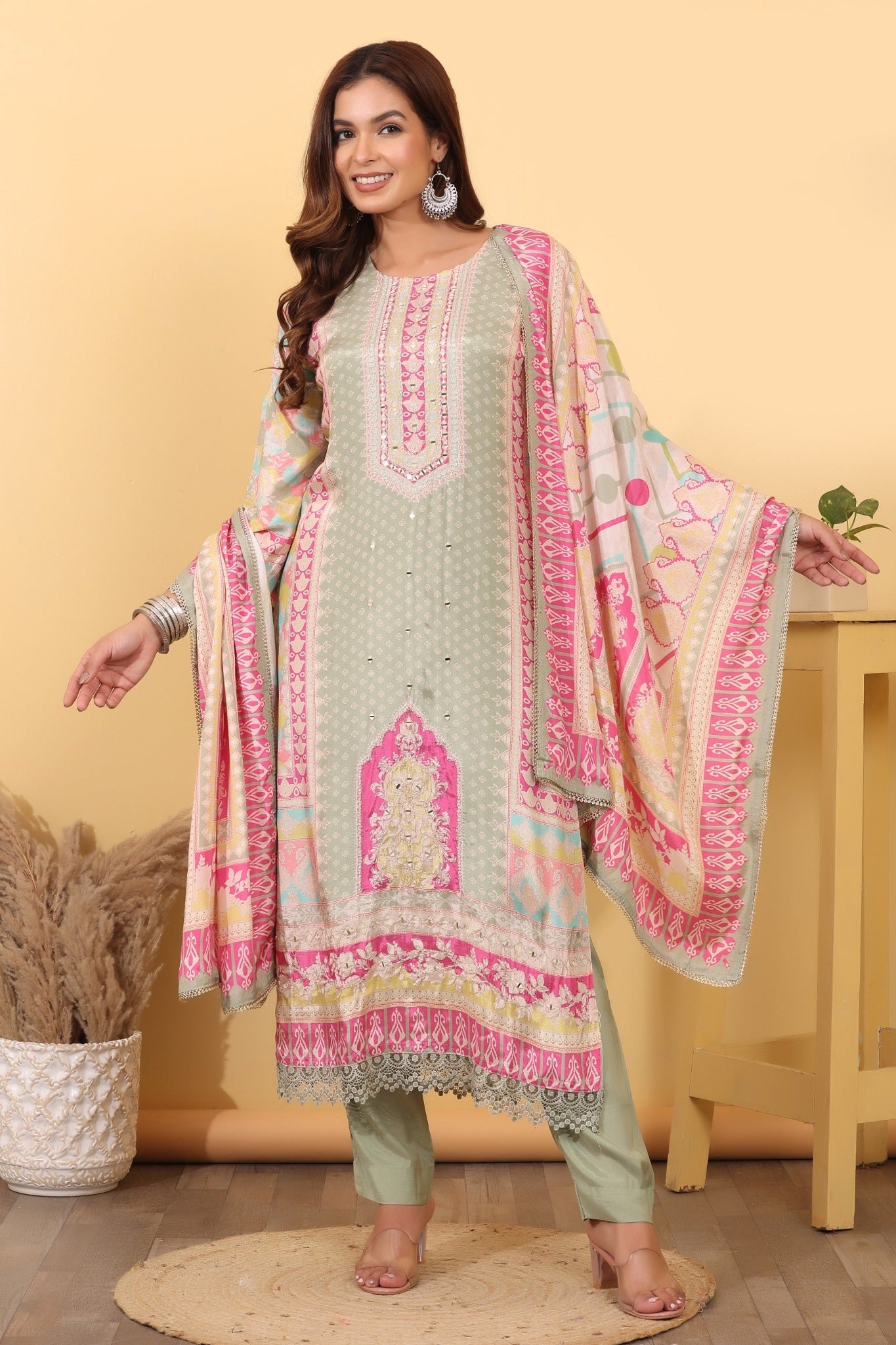 Sage Green Printed Suit Set with Multicolor Dupatta HSDAASKAR000007