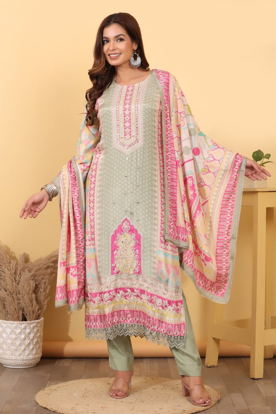 Sage Green Printed Suit Set with Multicolor Dupatta.