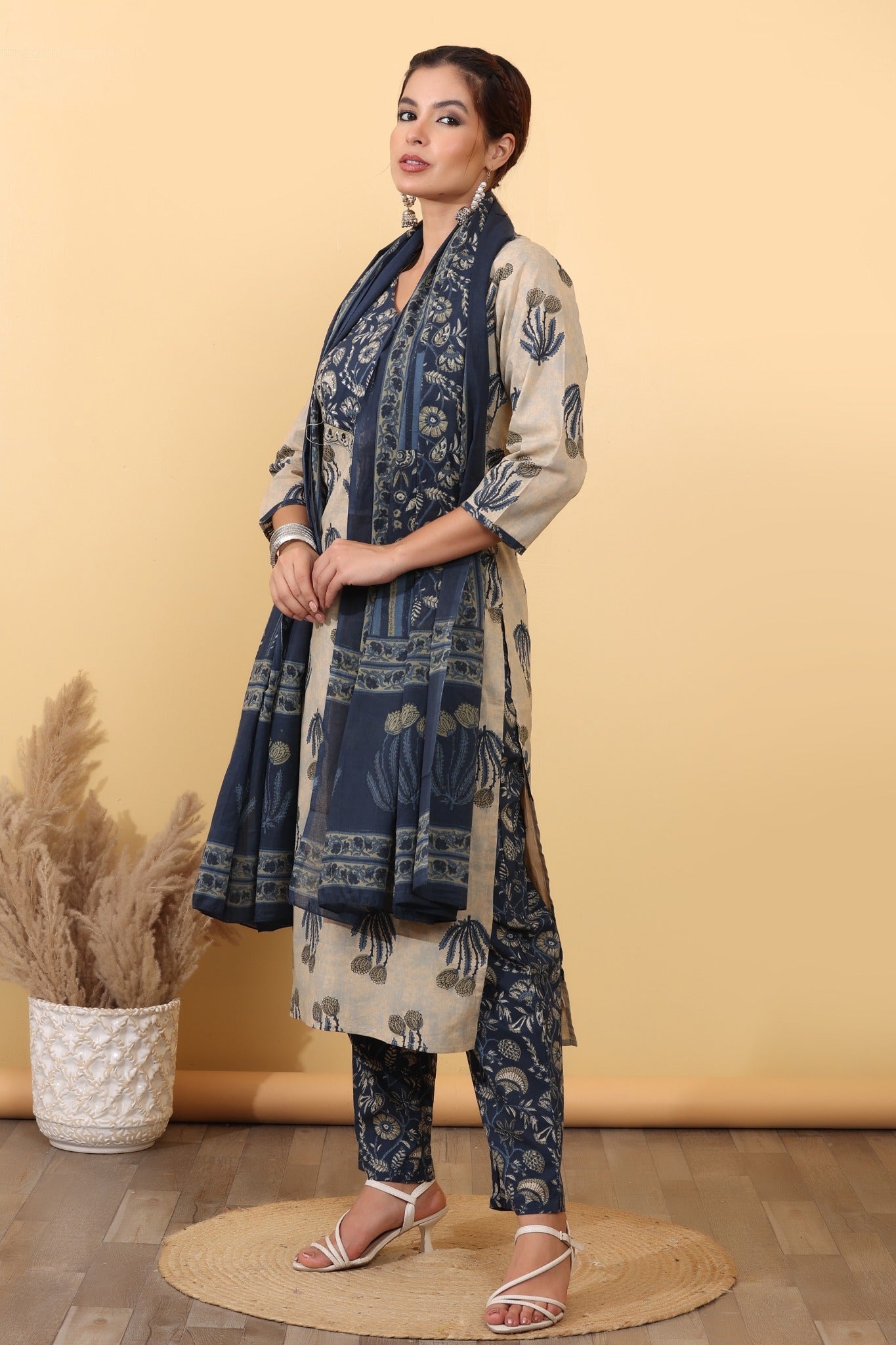 Beige & Navy Blue Printed Cotton Suit Set with Floral Yoke & Dupatta HSDAASKST000005