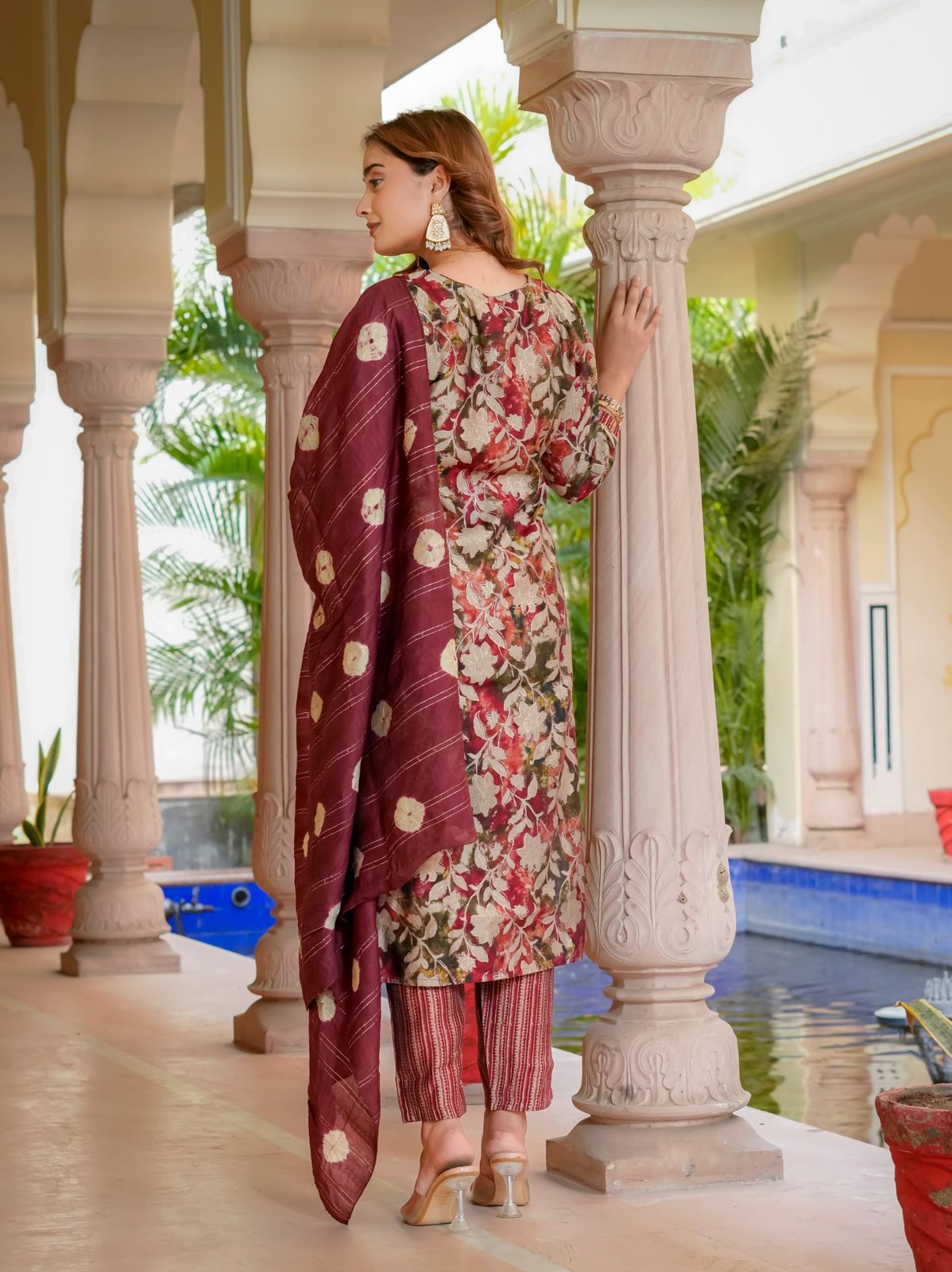 House of Sdaa Floral Printed Mehroon  Kurta Set . HSDAAMLSK000009