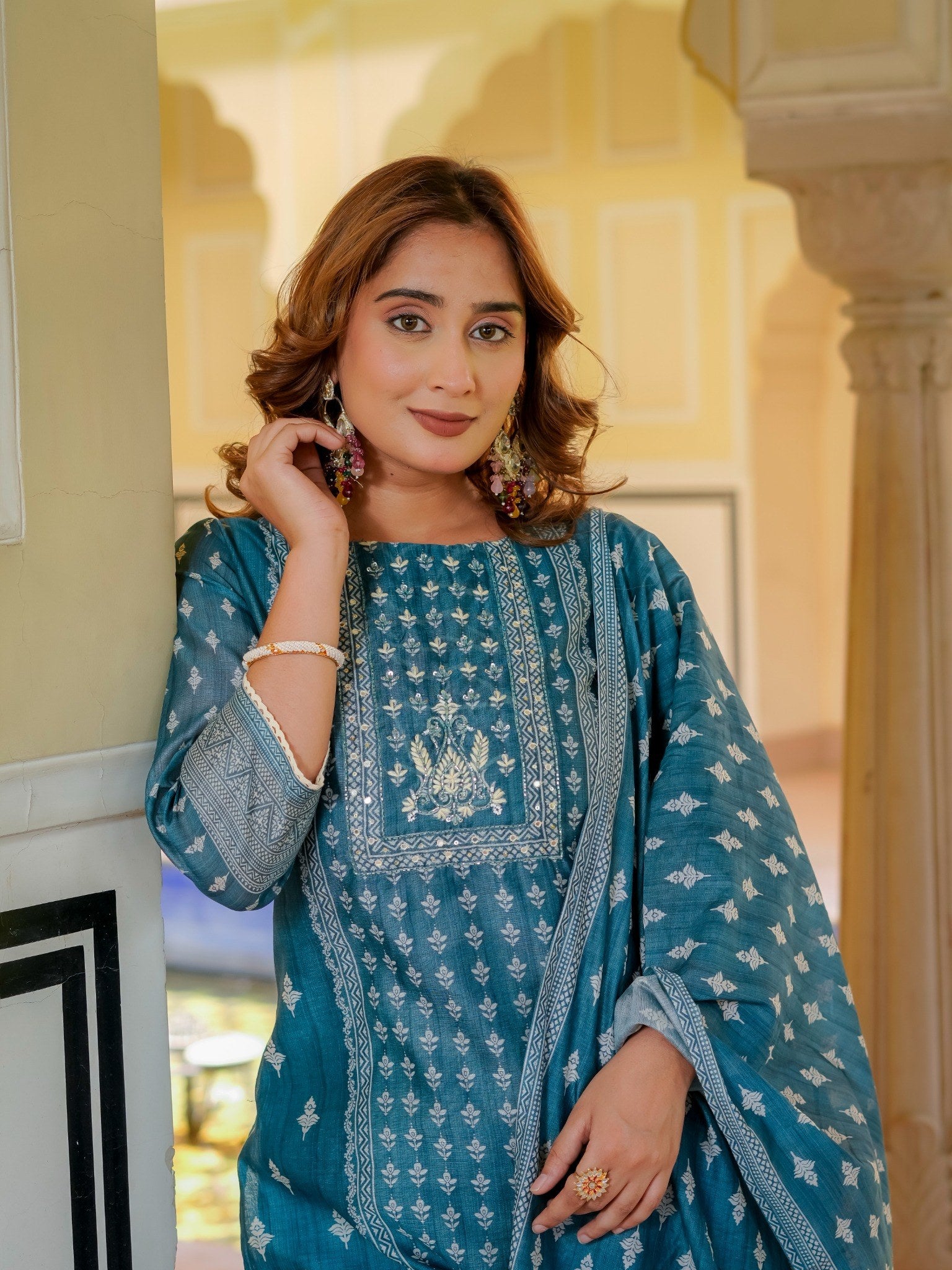House of Sdaa Teal Blue Printed Kurta Set, HSDAASKBC000008