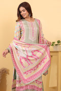 Sage Green Printed Suit Set with Multicolor Dupatta HSDAASKAR000007