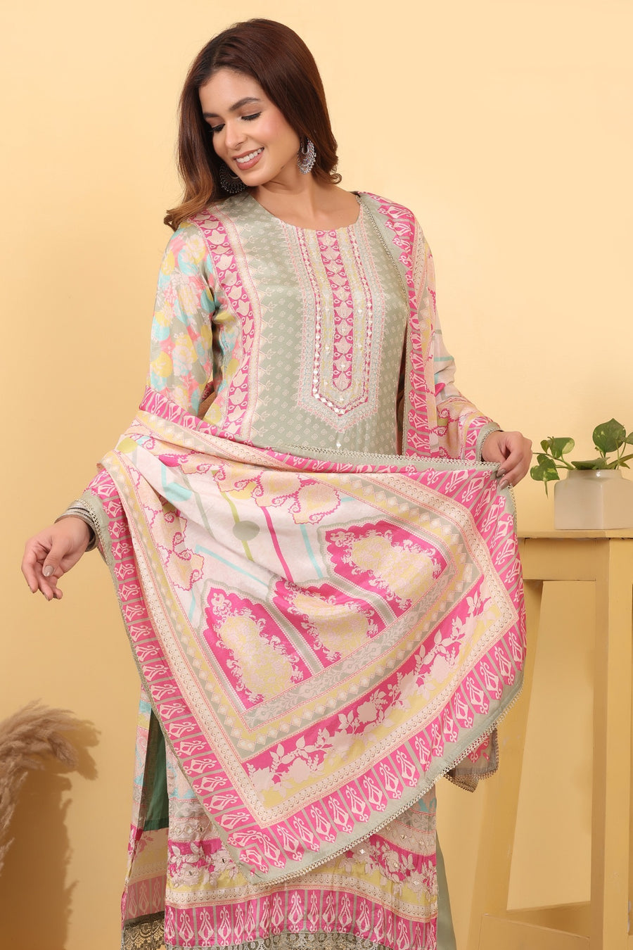 Sage Green Printed Suit Set with Multicolor Dupatta.