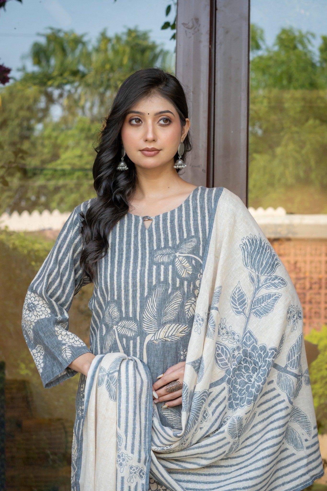 Grey Linen Printed Salwar Kurta Dupatta Set for Women