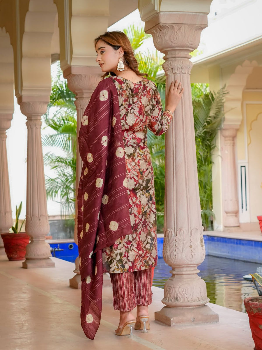 House of Sdaa Floral Printed Mehroon  Kurta Set . HSDAAMLSK000009