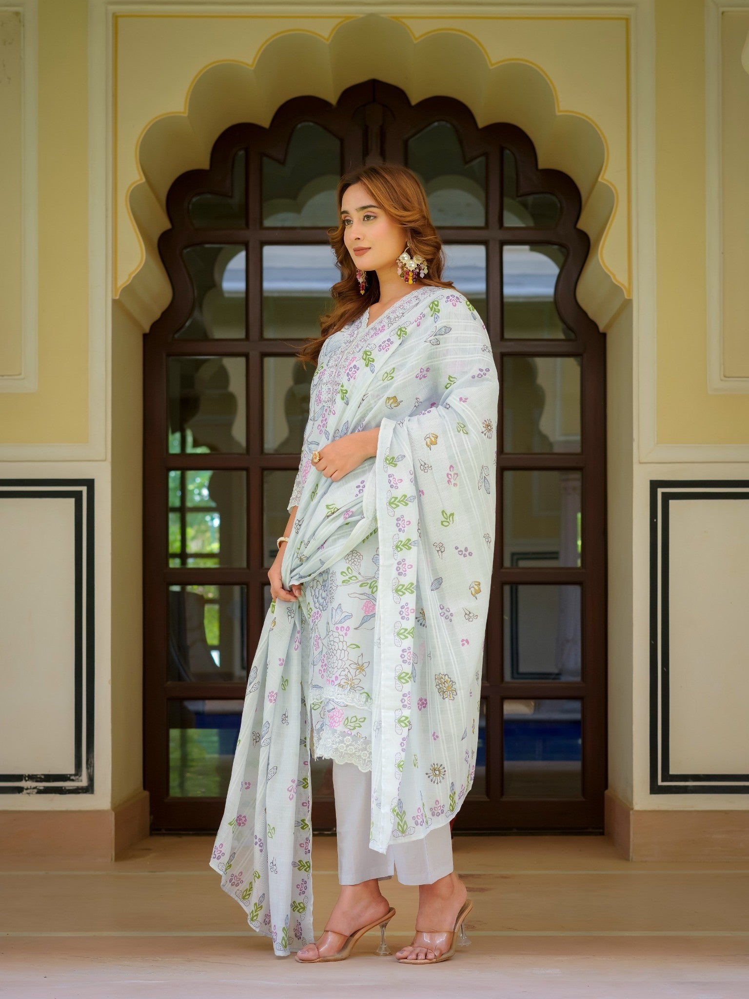 House of Sdaa White Floral Printed Kurta Set , HSDAASKID000002 BLUE