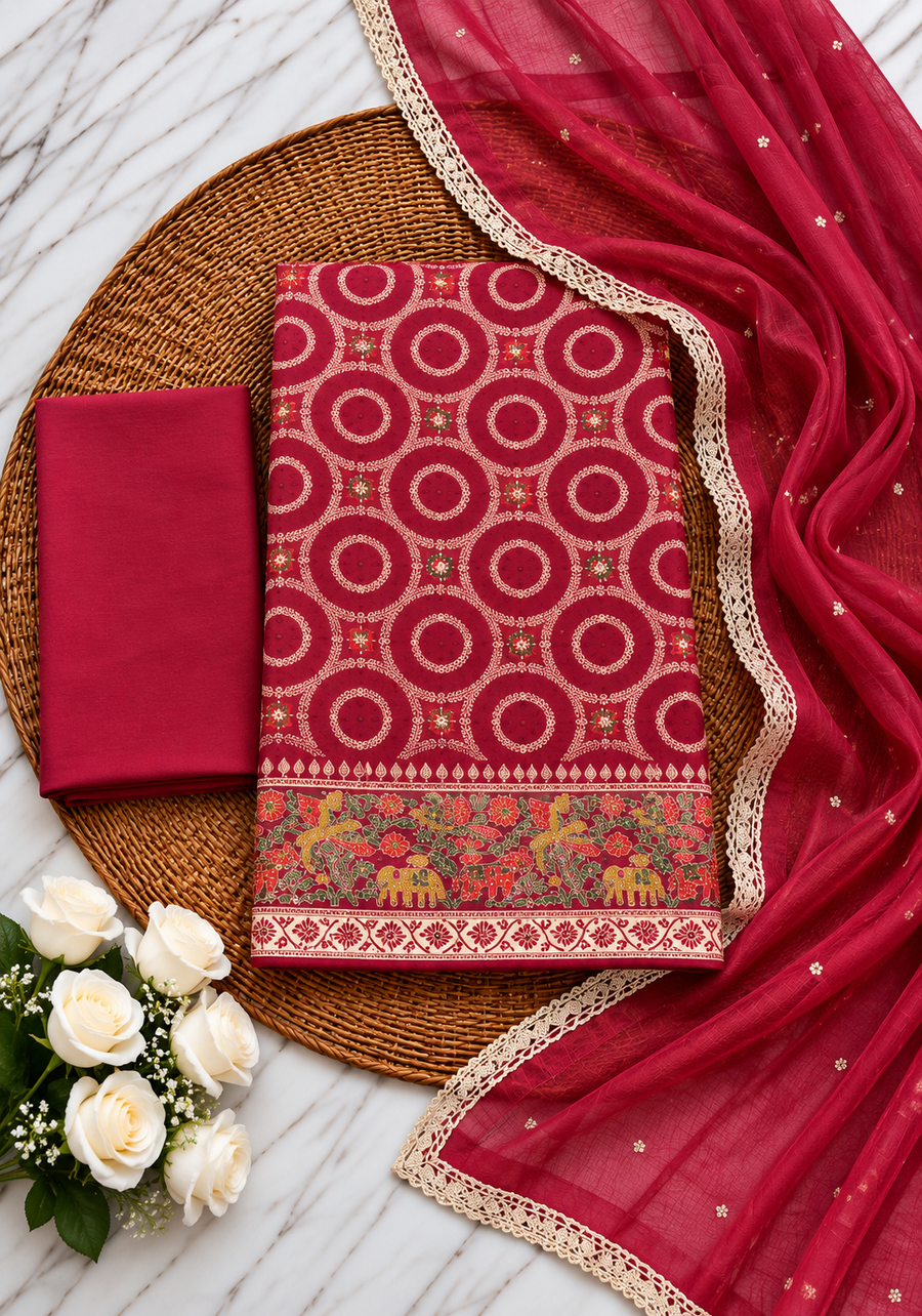 Maroon Jacquard Silk Unstitched Suit Material with Dupatta