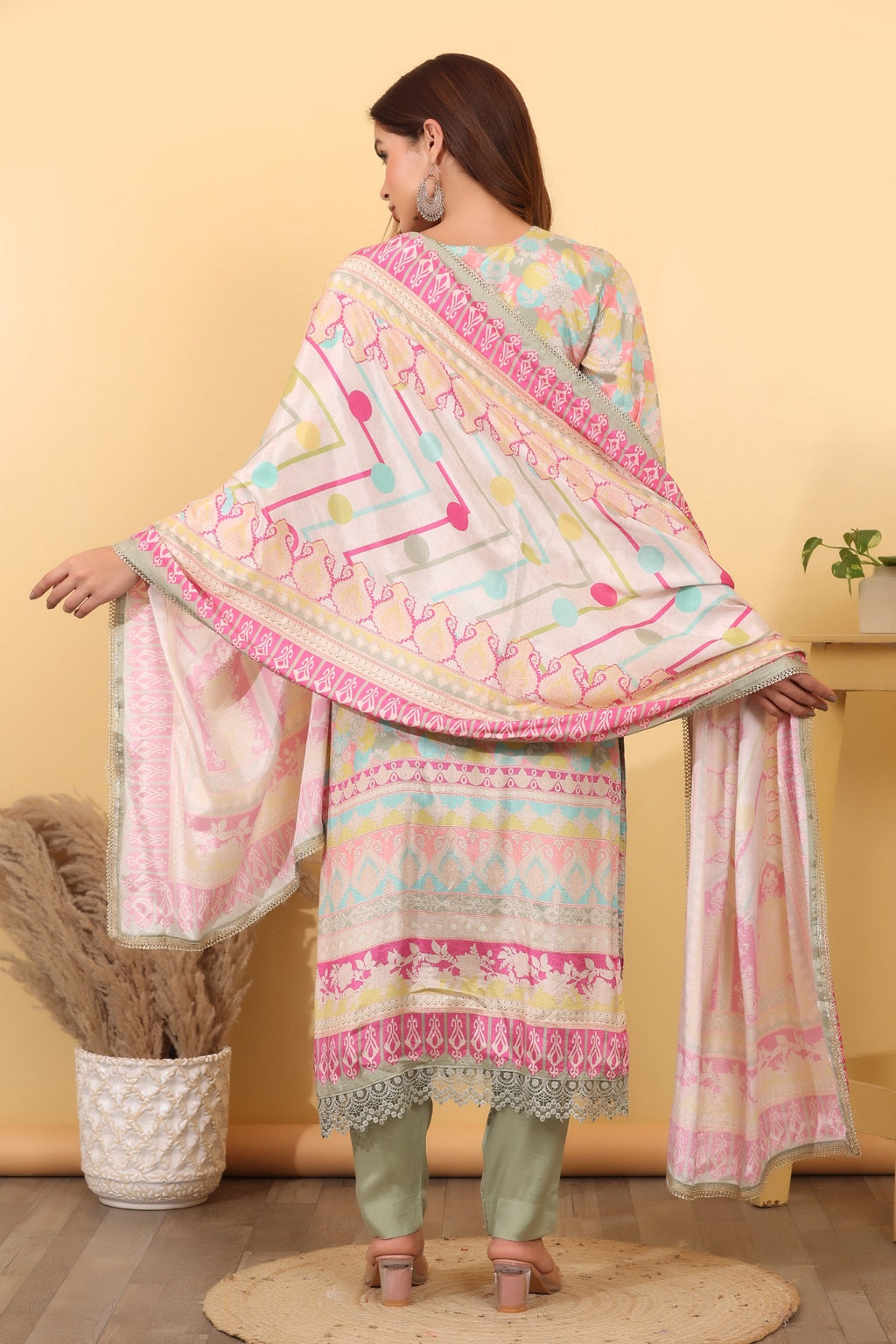 Sage Green Printed Suit Set with Multicolor Dupatta HSDAASKAR000007