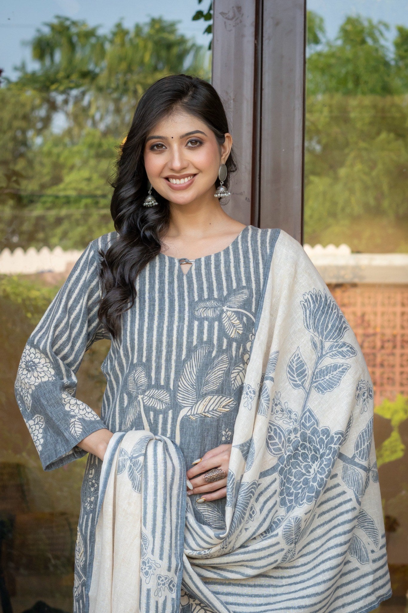 Grey Linen Printed Salwar Kurta Dupatta Set for Women