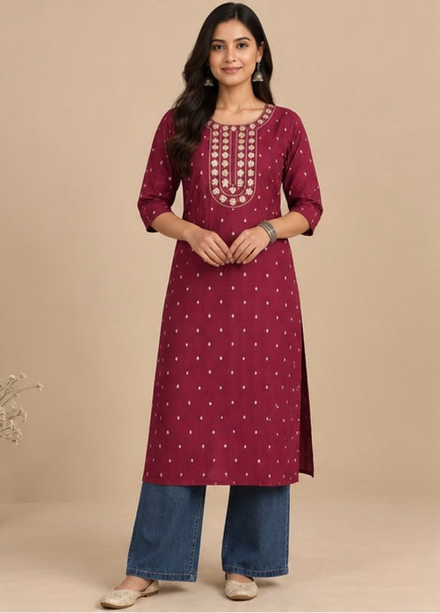 Red Printed Cotton Blend Kurta for Women