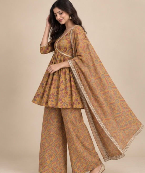 Mustard Printed Cotton SKD Set