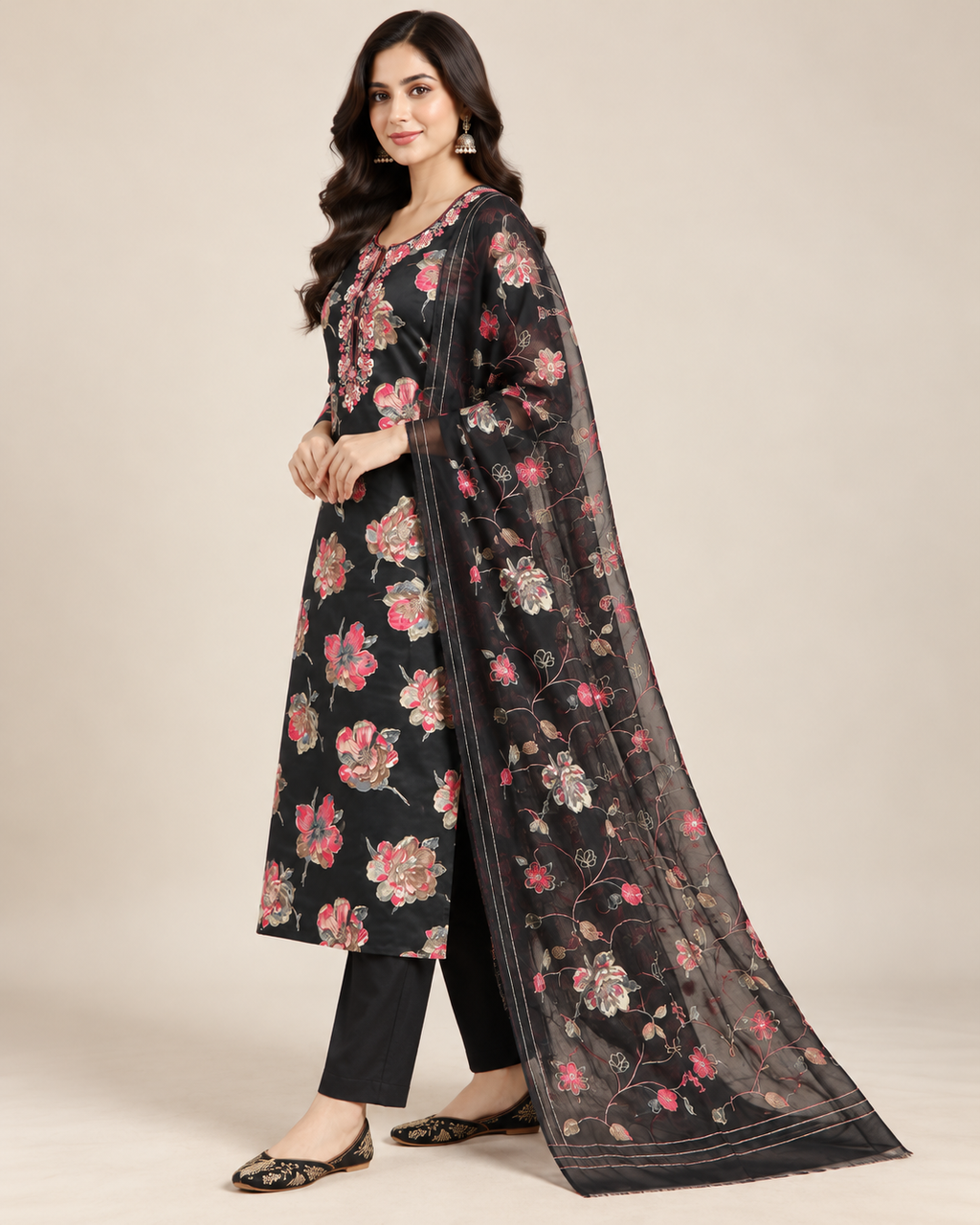 Black Floral Cotton Blend Unstitched Suit Set for Women